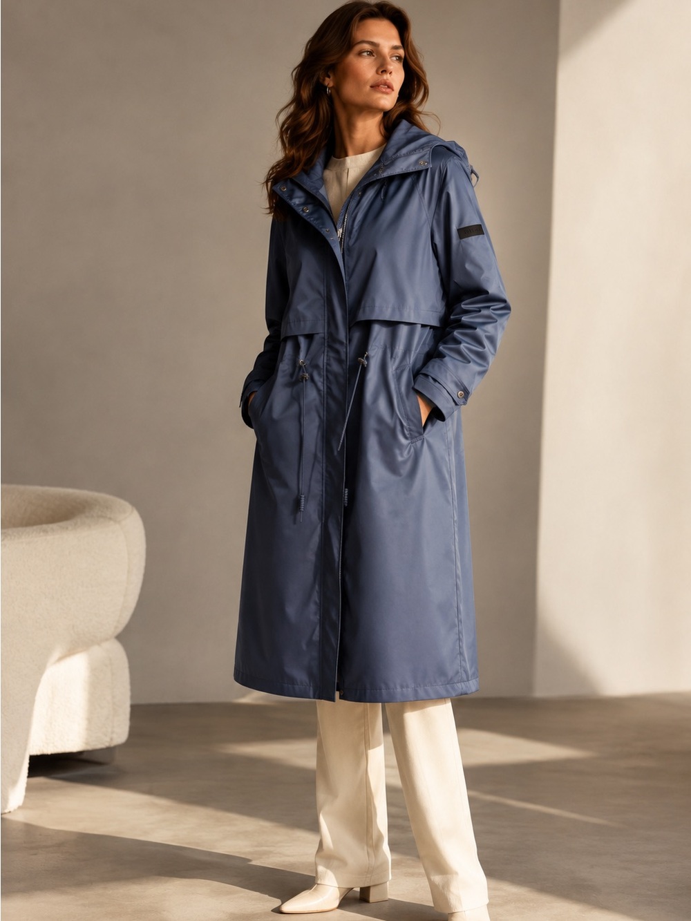 DKNY Long Hooded Trench Coat in Slate Blue